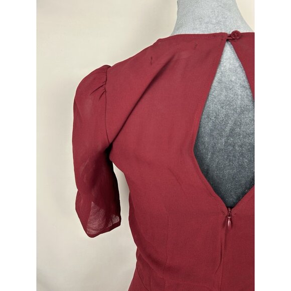 REFORMATION Garnet Red GRACIE Ruched Sleeve Fit Flare Mini Skirt Dress 2 Viscose - Picture 15 of 16